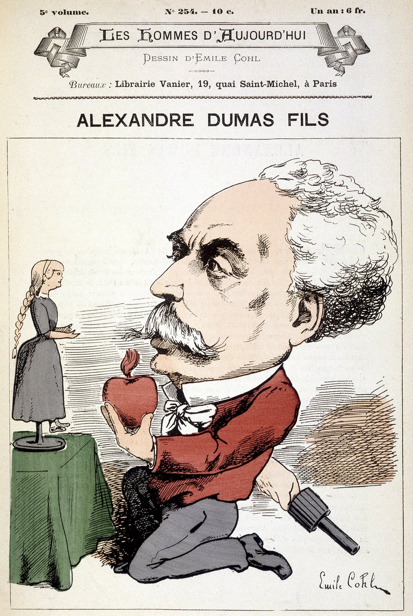 Humoristisk tegning på Alexandre Dumas Fils. Cover ""Mænd af i dag"", sd. 19. århundrede. af Andre Gill