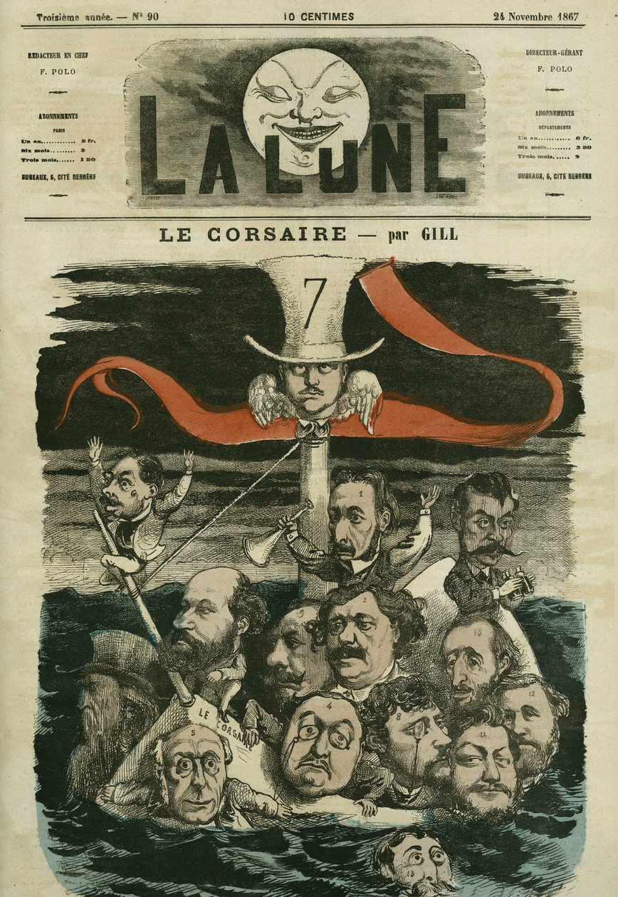Illustration af avisen "" Le Corsaire"" og dens klummeskribenter. Tegnefilm af Gill, i "La Lune", 24. november af Andre Gill