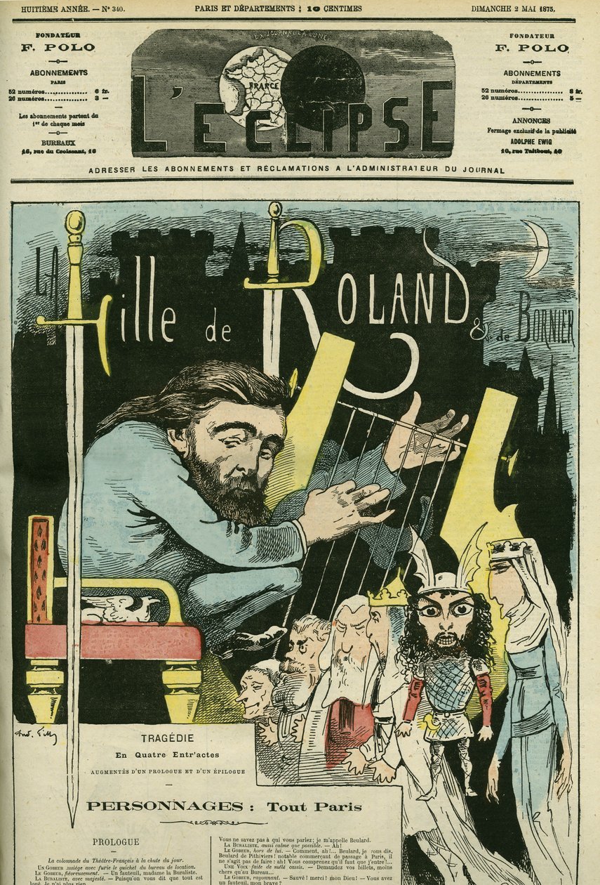 Illustration af teaterstykket "La Fille de Roland" af Etienne Charles Henri, Viscount de Bornier (1825-1901). Cover i "" L