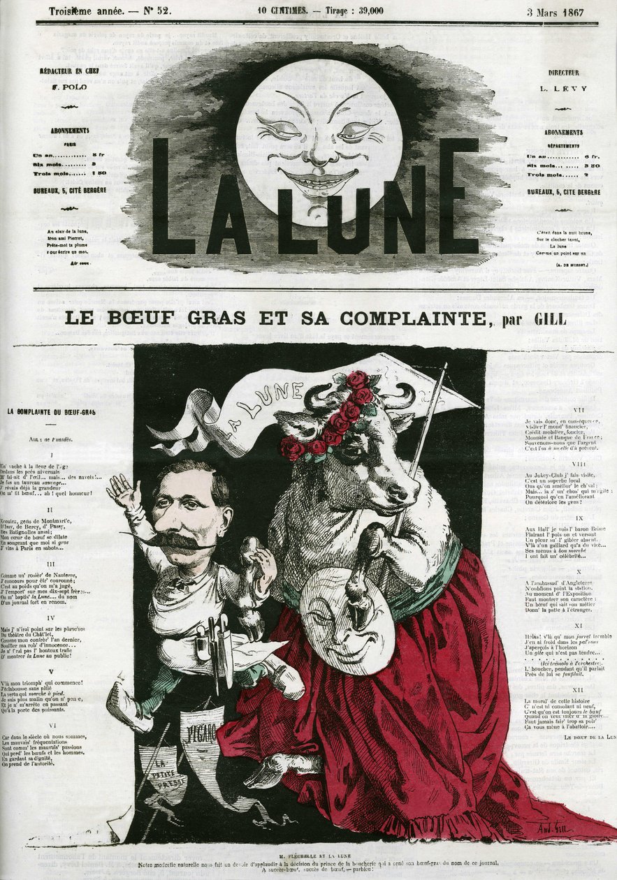 Le Boeuf gras et sa lament, illustration af en sang. Tegnefilm af Gill, i "La Lune", 3. marts af Andre Gill