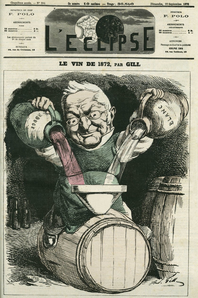 Le vin de 1872, illustration af Adolphe Thiers, der blander hvid og rødvin (1797-1877), fransk historiker og statsmand. Cover i "" L