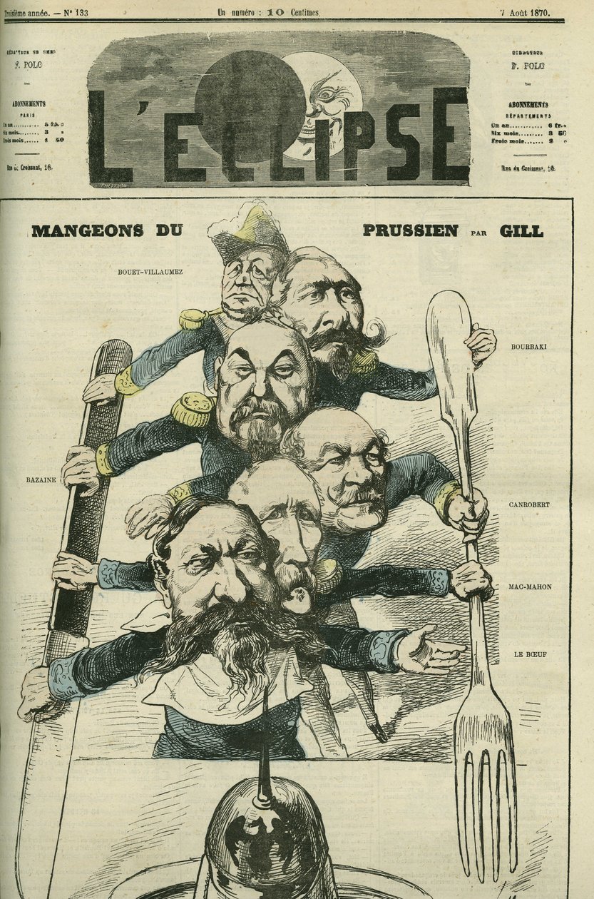 Lad os spise preussisk med generalerne Le Boeuf (1806-1893), Mac-Mahon (1808-1893), Francois Achille Bazaine (Francois-Achille) af Andre Gill