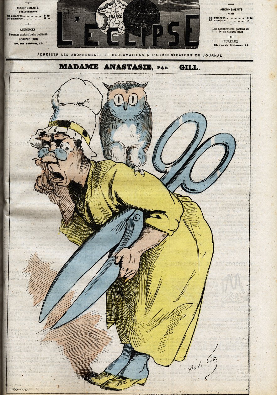 Madame Anastasia med censurens saks Anastasia symboliserer censur af pressen og forlagsvirksomhed og tager formentlig sit navn fra pave Anastasius I, som forbyder visse bøger, der ikke svarer til kristen kosmologi. Illustration af Andre af Andre Gill
