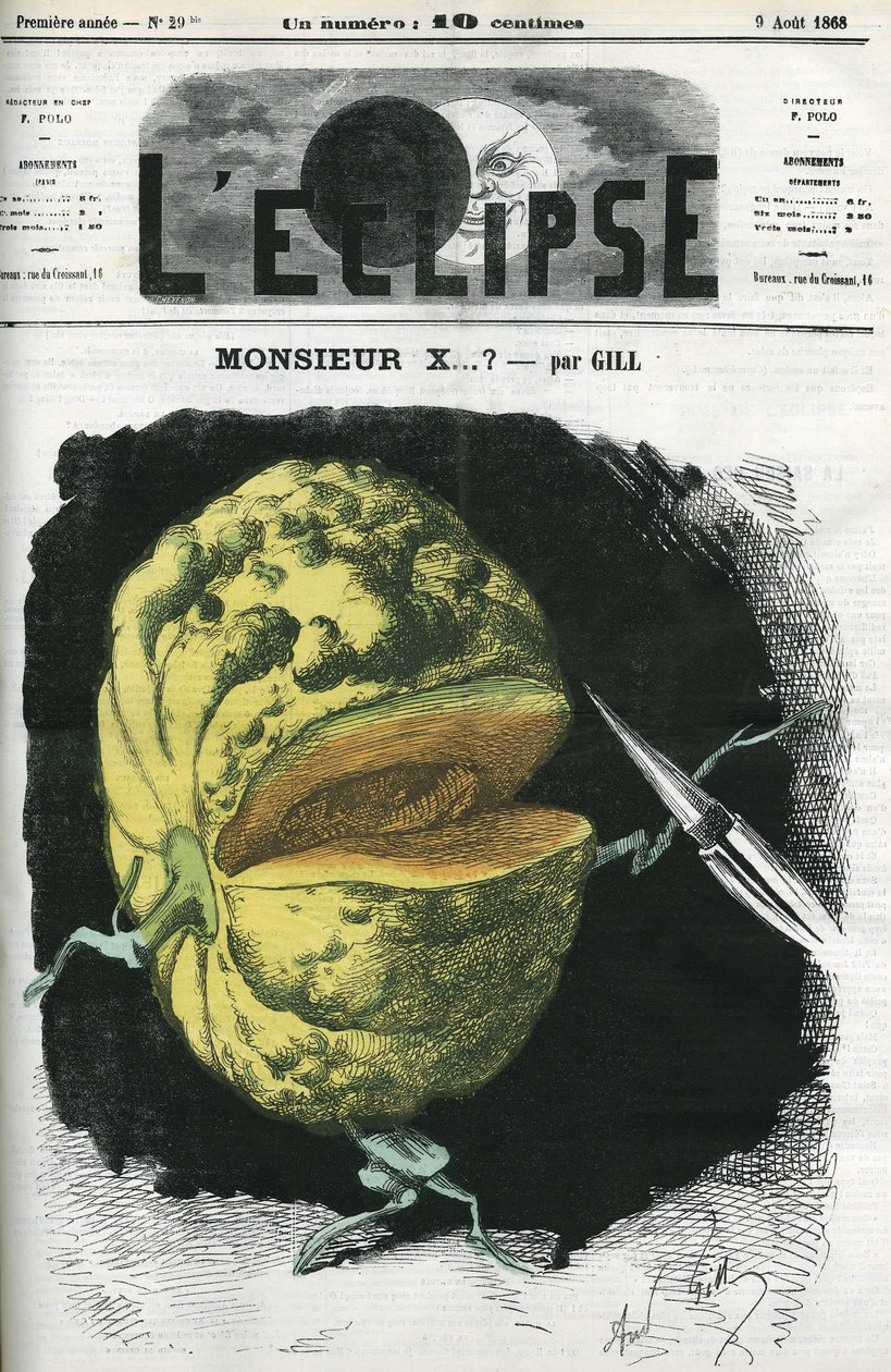 Mr. X... en illustration af en melon af Gill som reaktion på censur. Cover i "" L