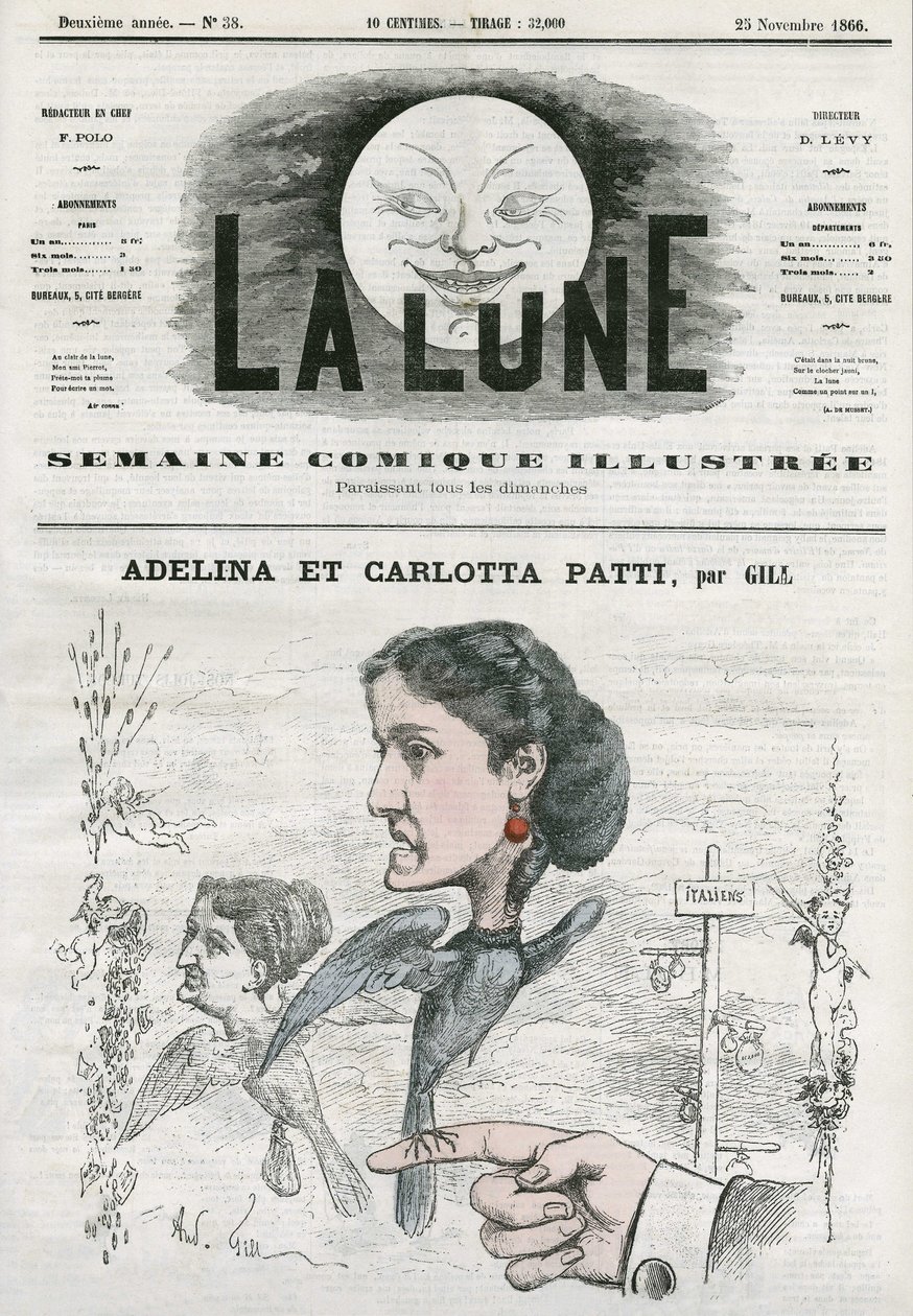 Portræt af Adelina (1843-1919) og Carlotta Patti (1835-1889), italienske operasangere. Tegnefilm af Gill, i "Månen", 25. november af Andre Gill