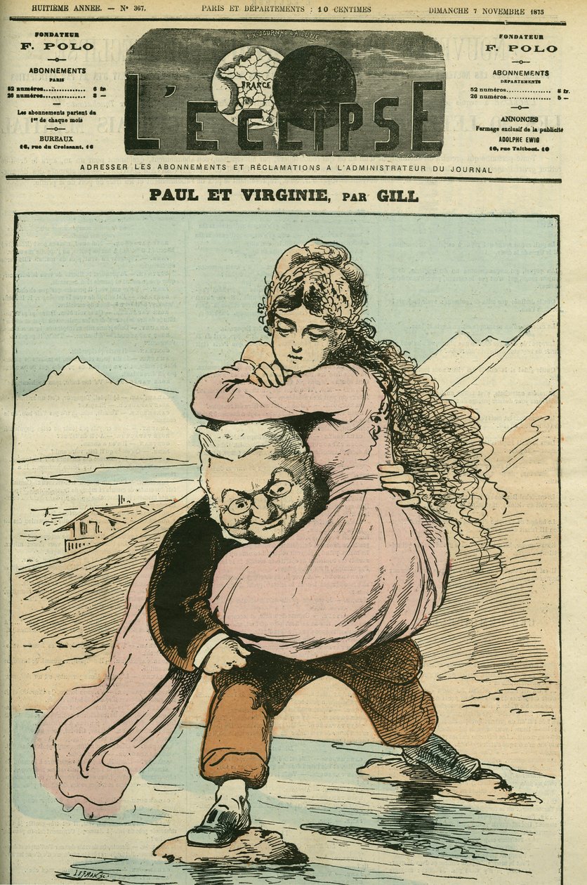 Portræt af Adolphe Thiers (1797-1877), fransk historiker og politiker, repræsenteret i "Paul et Virginie" (Republikken). Cover i "" L