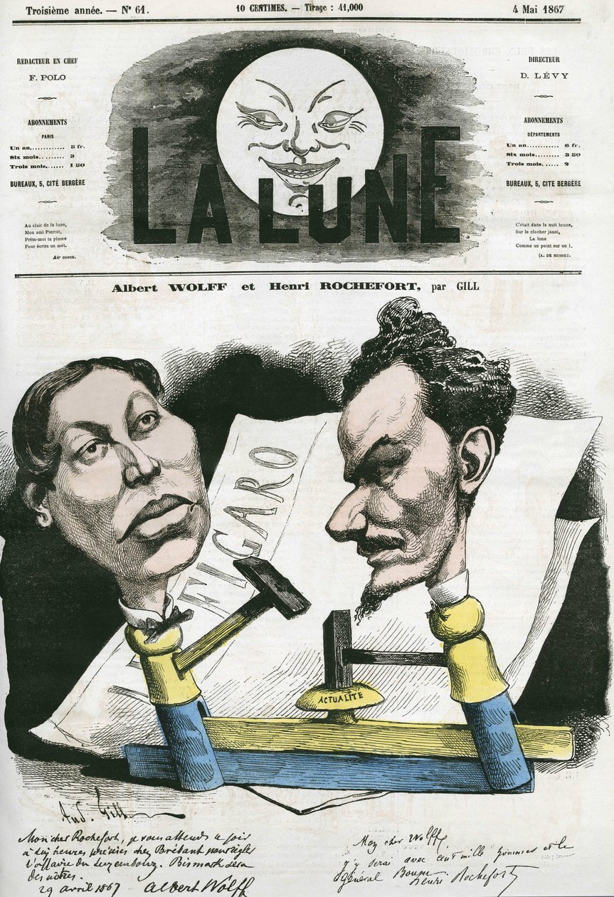 Portræt af Albert Wolff og Henri Rochefort (1831-1913) fransk journalist og politiker. Tegnefilm af Gill, i "Månen", 4. maj af Andre Gill