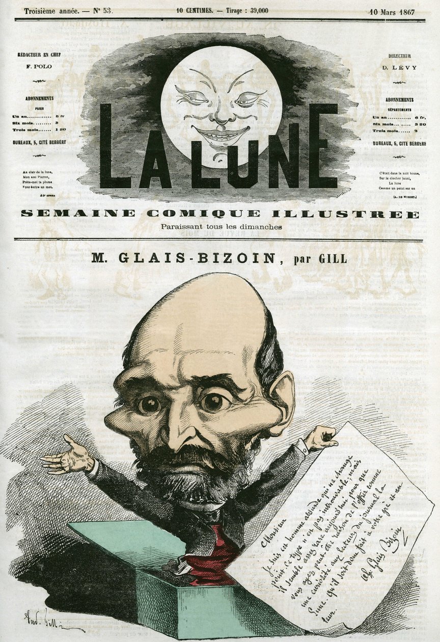 Portræt af Alexandre Glais-Bizoin (1800-1877), fransk politiker og grundlægger af avisen “La Tribune” ”. Tegneserie af Gill, i “La Lune”, 10. marts af Andre Gill