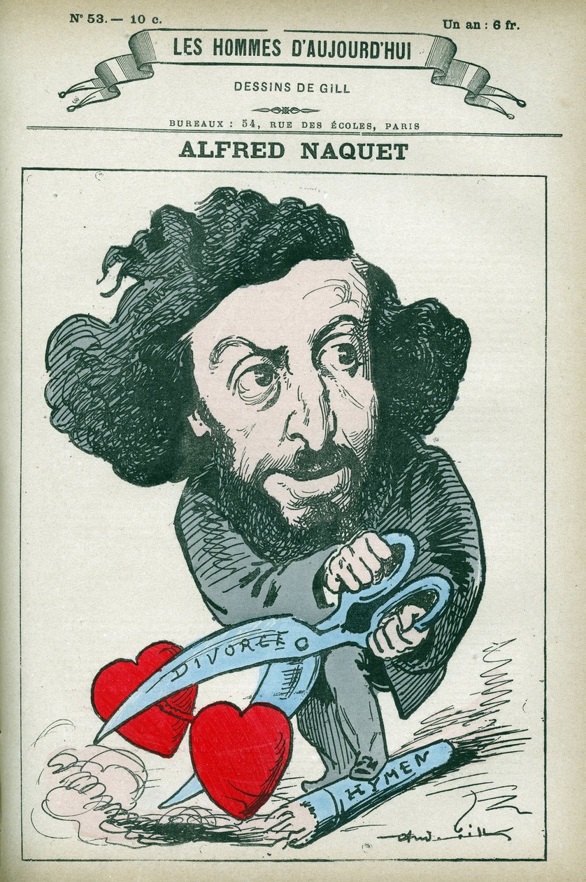 Portræt af Alfred Naquet (1834-1916), en fransk læge, kemiker og politiker, genindførte han loven om tilladelse til skilsmisse i 1884. Tegneserie af Gill, Paris. af Andre Gill