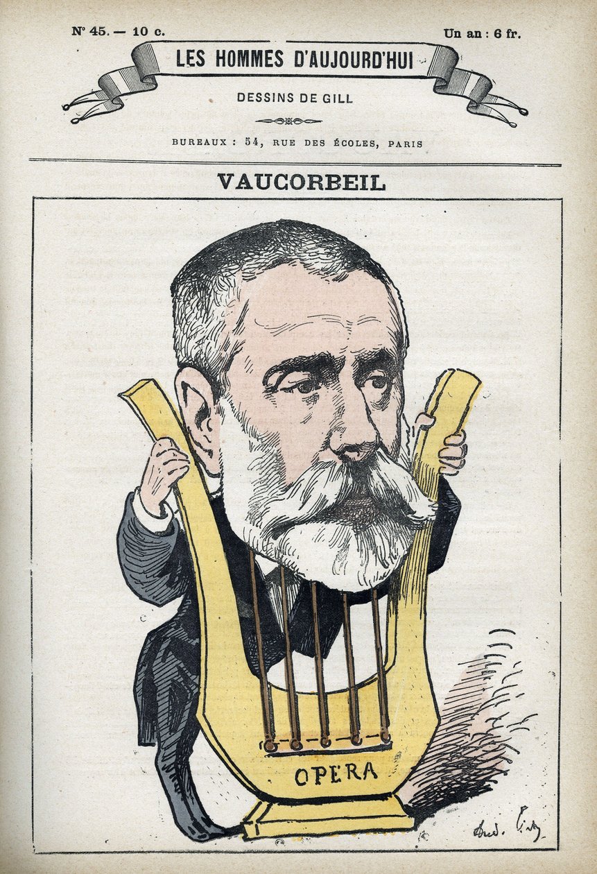 Portræt af Auguste Emmanuel Vaucorbeil (1821-1884), fransk komponist og direktør for Paris Opera. Tegnefilm af Gill, Paris. af Andre Gill