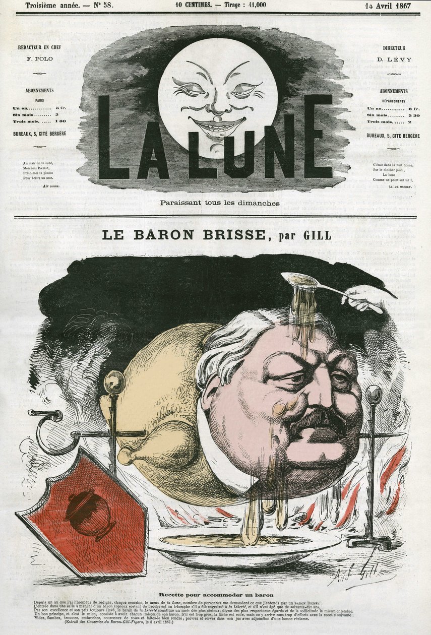 Portræt af baron Brisse (1813-1876), fransk gastronomisk journalist. Tegnefilm af Gill, i "Månen", 14. april af Andre Gill