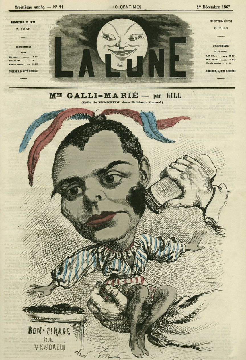 Portræt af Celestine Galli-Marie (Galli Marie) (1840-1905), fransk sangerinde for Opera-Comique. Tegnefilm af Gill, i "La Lune", 1. december af Andre Gill