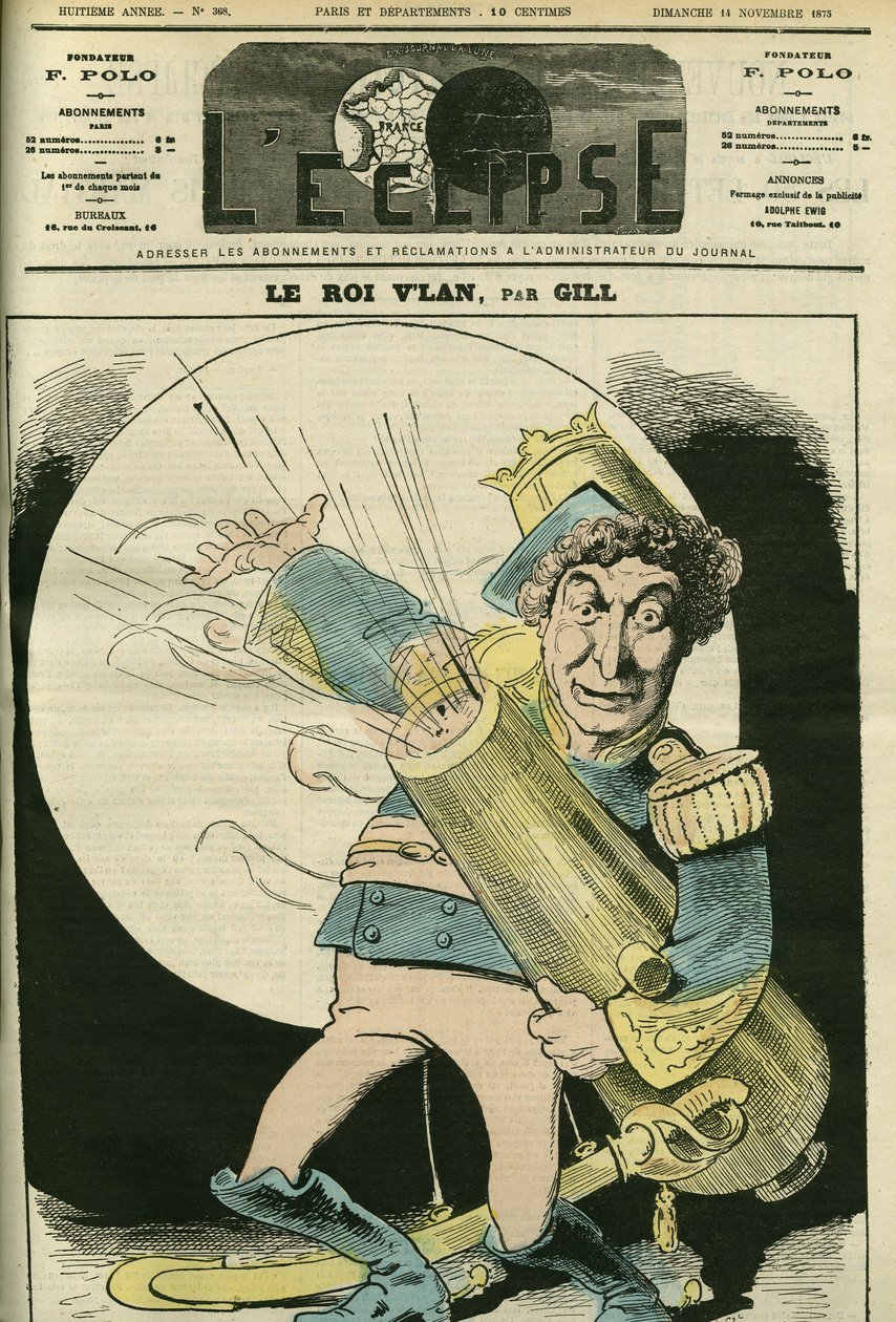 Portræt af Christian (1821-1889), fransk sanger, i rollen som kong Vlan i stykket "" Le voyage dans la lune" af Jacques Offenbach. Cover i "" L
