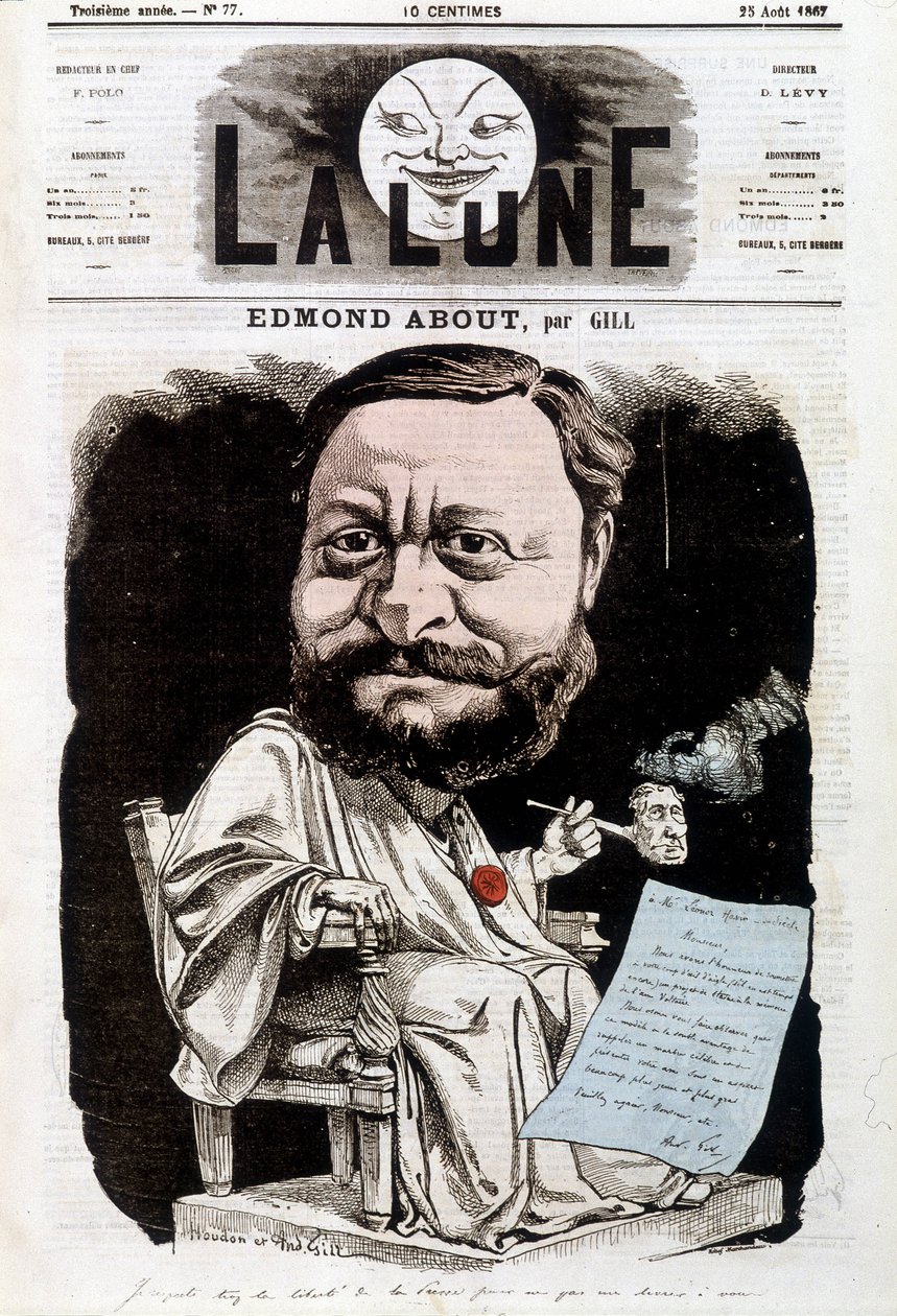 Portræt af Edmond About, fransk forfatter (1828-1885). I La lune, 25/08/1867. Karikatur af Gill. af Andre Gill
