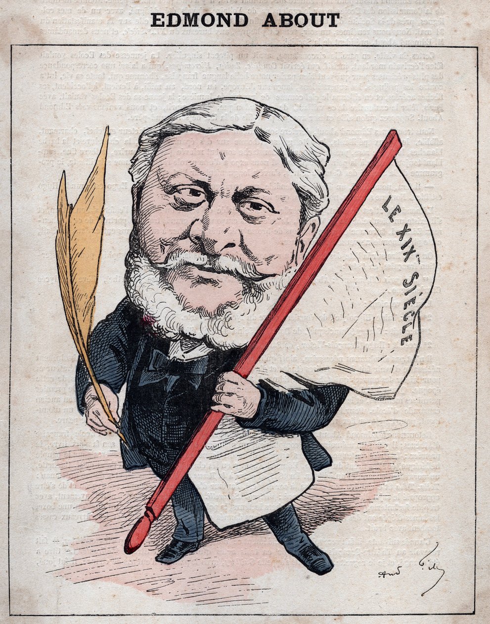 Portræt af Edmond Francois Valentin About (1828-1885) fransk forfatter, journalist og kunstkritiker Karikatur af Andre Gill, i "Les Hommes d