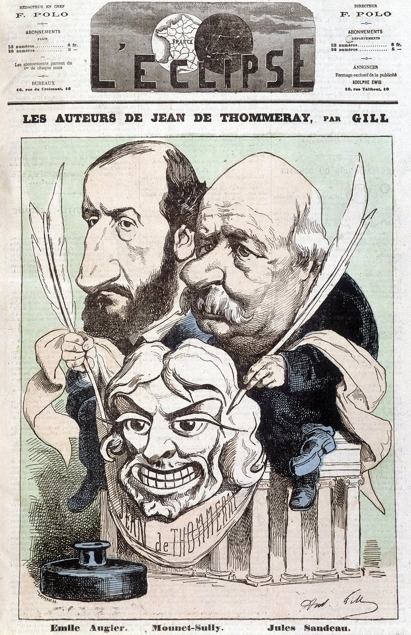 Portræt af Emile AUGIER (1820-1889) og Jules SANDEAU (1811-1883), forfattere af skuespillet med titlen "" Jean de Pommeray", med en maske, der viser ansigtet af komikeren Mounet-Sully (Jean Sully Mounet, Mounet Sully) af Andre Gill