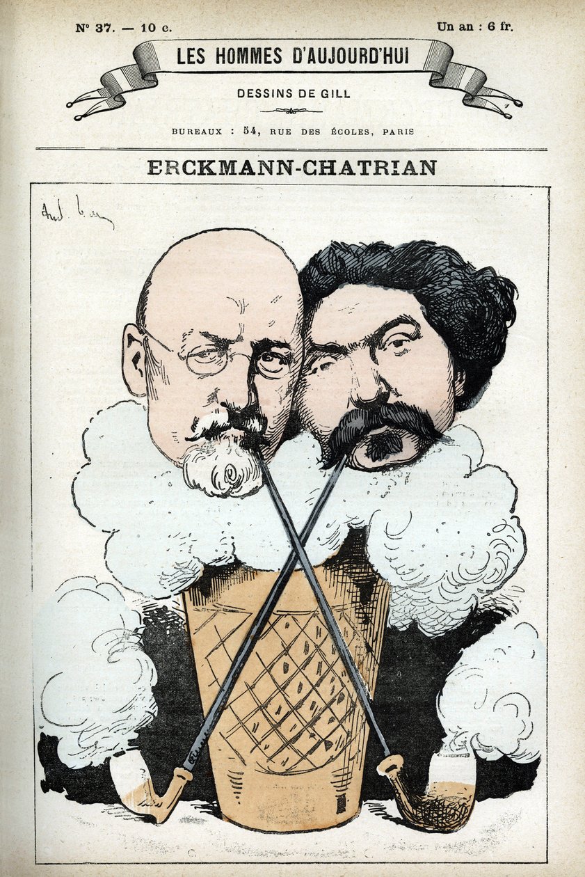 Portræt af Emile Erckmann (1822-1899) og Alexandre Chatrian (1826-1890), franske romanforfattere. Tegnefilm af Gill, i "Les Homme d