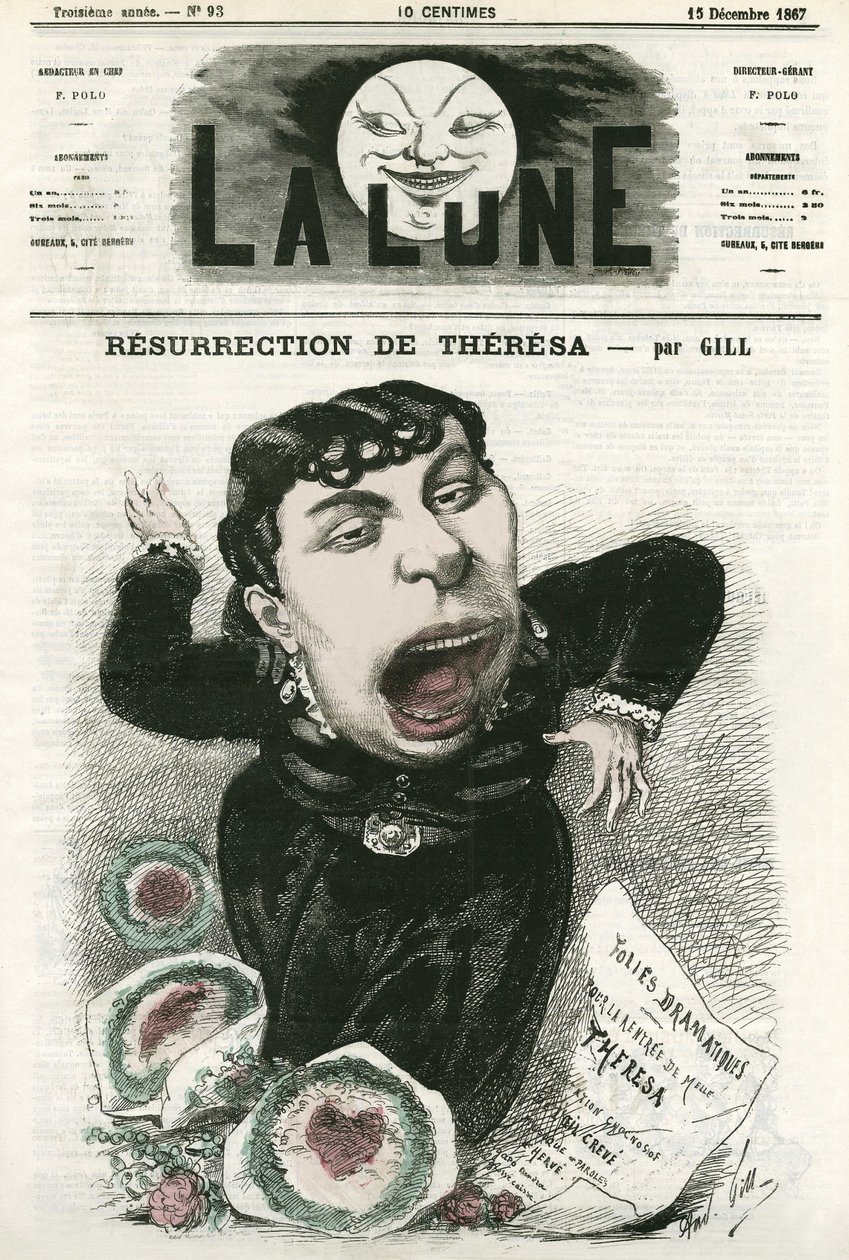Portræt af Emma Valladon dit Theresa (1837-1913), fransk operetsangerinde. Tegnefilm af Gill, i "La Lune", 15. december af Andre Gill