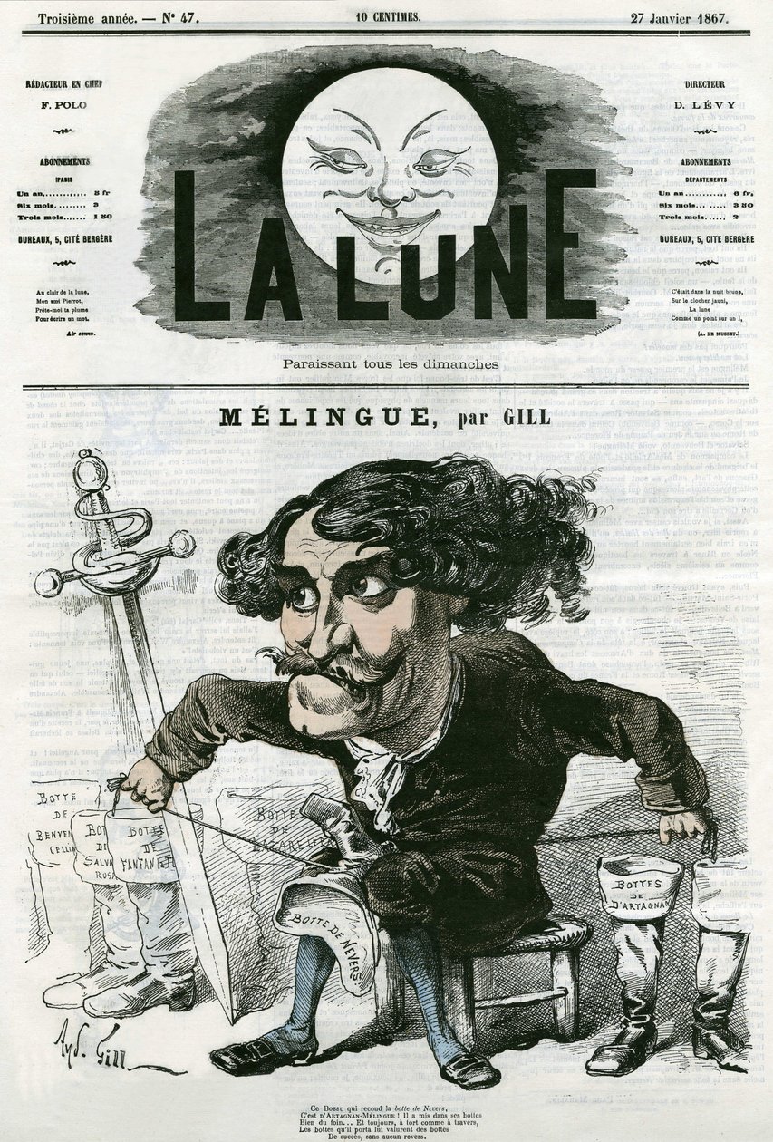 Portræt af Etienne Marin Melingue (1808-1875), fransk skuespiller og billedhugger. Tegnefilm af Gill, i "La Lune", 27. januar af Andre Gill