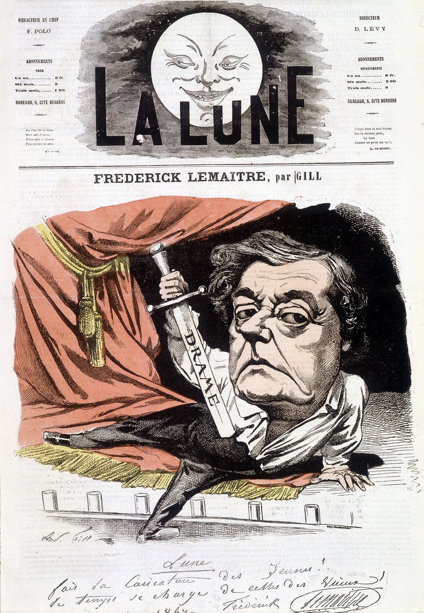 Portræt af Frédérick Lemaître (1800-1876), fransk dramatiker. Tegnefilm af Gill i "Månen", 16. juni af Andre Gill