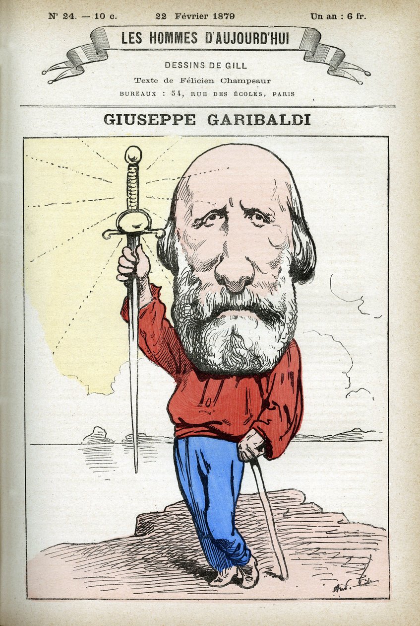 Portræt af Guiseppe Garibaldi (1807-1882), italiensk politiker. Tegnefilm af Gill, i "Les Homme d