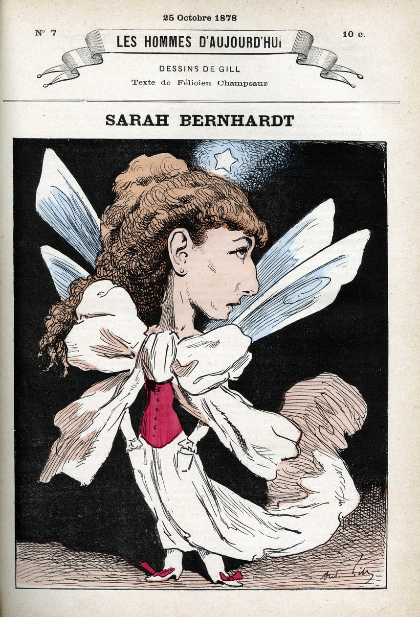 Portræt af Henriette Rosine Bernard dit Sarah Bernhardt (1844-1923), fransk teaterskuespillerinde. Tegnefilm af Gill, Paris. af Andre Gill
