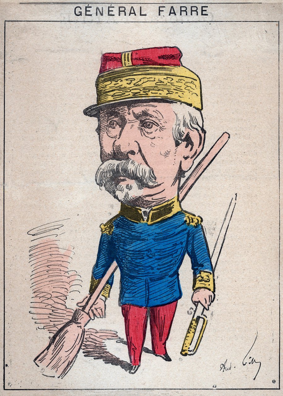 Portræt af Jean Joseph Frederic Albert Farre (1816-1887), en fransk soldat, han blev udnævnt til general i 1870 og krigsminister - tegneserie af Andre Gill i "Les Hommes d
