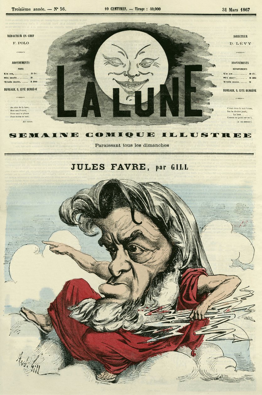 Portræt af Jules Favre (1809-1880), fransk advokat og politiker. Tegnefilm af Gill, i "Månen", 31. marts af Andre Gill