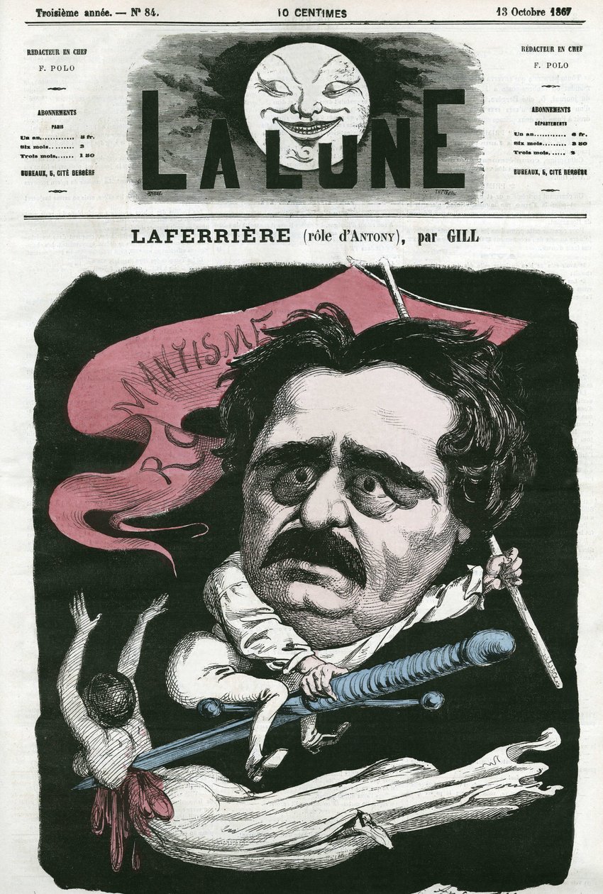 Portræt af Laferriere (1853-?), fransk skuespiller i rollen som "Antony". Tegnefilm af Gill, i "Månen", 13. oktober af Andre Gill