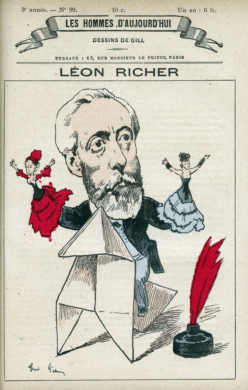 Portræt af Leon Richer (1824-1911), en fransk journalist og intellektuel, grundlagde han Association pour le droit des femmes og Ligue francaise pour le droit des femmes i 1882. Tegneserie af Gill, Paris. af Andre Gill