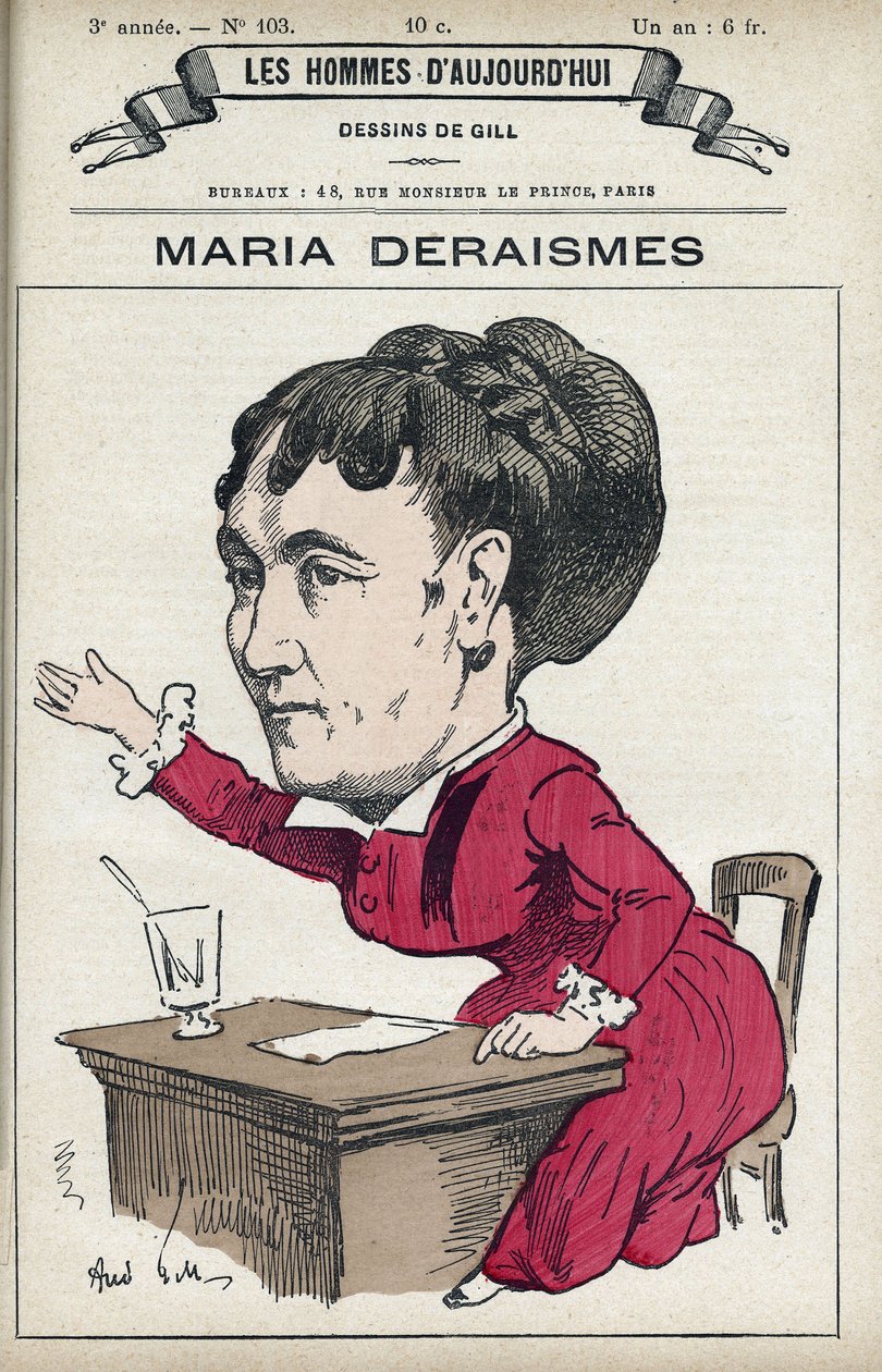 Portræt af Maria Deraismes (1828-1894), en fransk kvinde med bogstaver og feminist, hun grundlagde sammen med Leon Richer, Louise Michel og Paule Minck Association pour le droit des femmes i 1869. Tegneserie af Gill, Paris. af Andre Gill