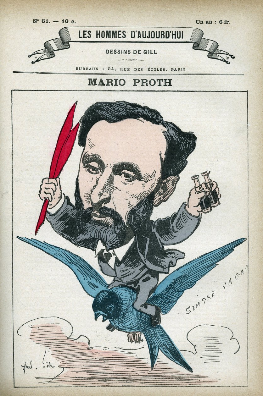 Portræt af Mario Proth (1832-1891), fransk forfatter, litteraturkritiker og publicist. Tegnefilm af Gill, Paris. af Andre Gill