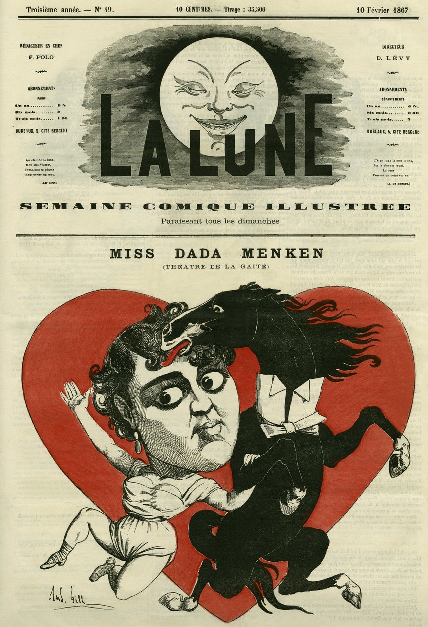 Portræt af Miss Adah-Isaacs Menken, sangerinde ved theatre de la Gaite i Paris. Tegnefilm af Gill, i "Månen", 10. februar af Andre Gill