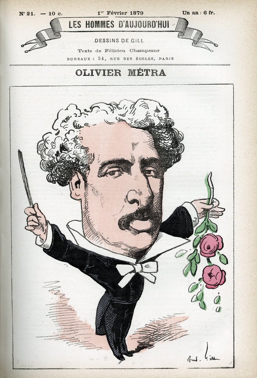 Portræt af Olivier Metra (1830-1889), fransk skuespiller, populær komponist. Tegnefilm af Gill, i "Les Homme d