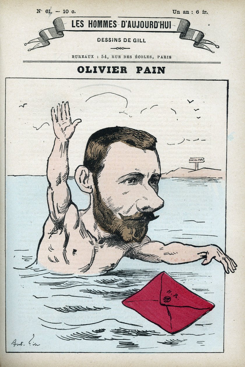 Portræt af Olivier Pain, en fransk og kommunal politiker, han var følgesvend til bagne og flugten af Henri Rochefort (1831-1913). Tegnefilm af Gill, Paris. af Andre Gill