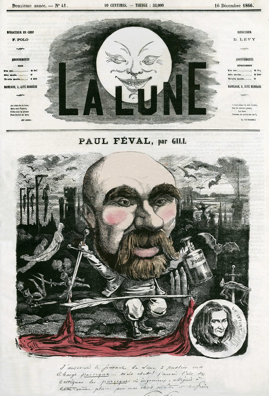 Portræt af Paul Feval (1816-1887), fransk forfatter. Tegnefilm af Gill, i "La Lune", 16. december af Andre Gill