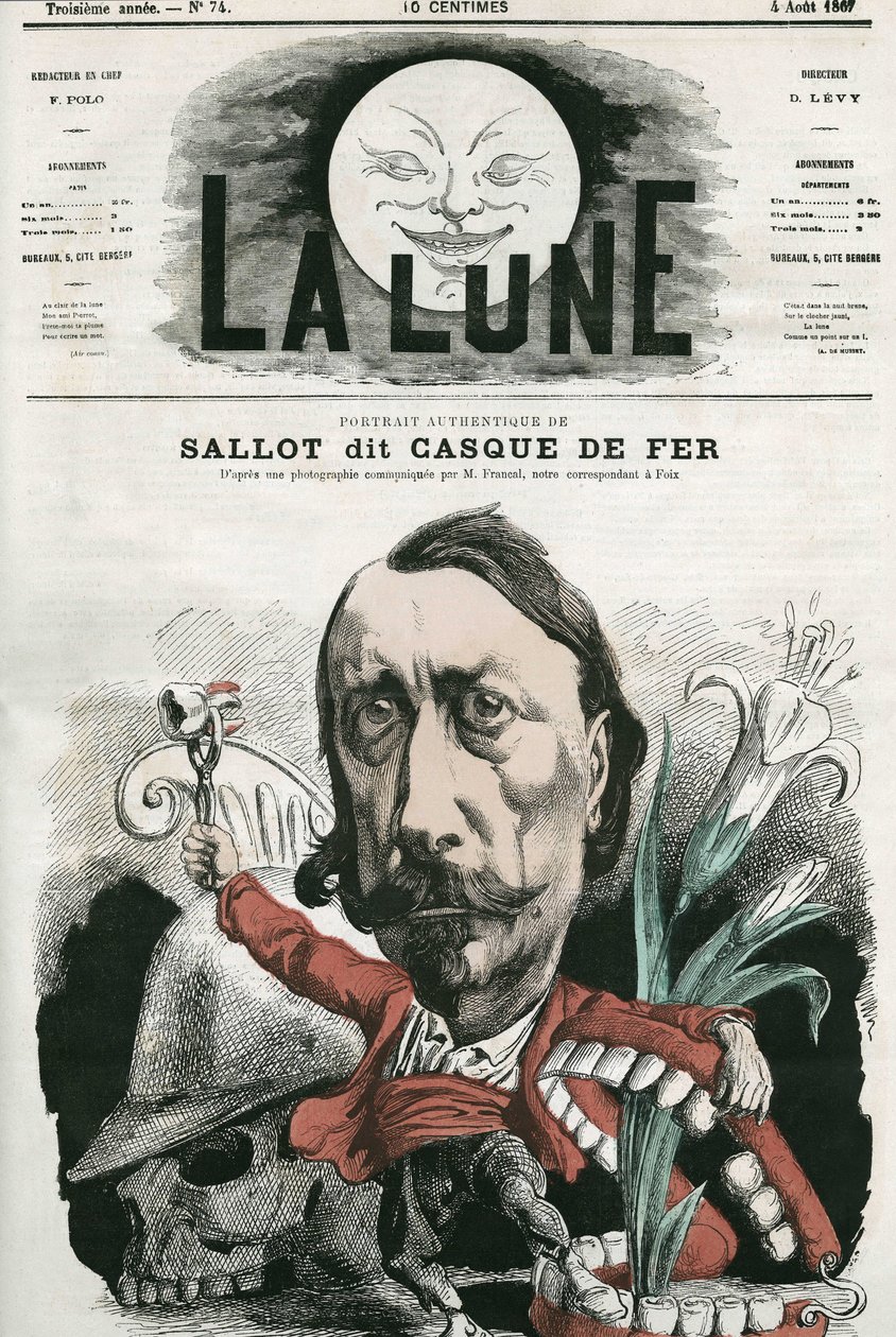 Portræt af Sallot, kendt som "jernhjelm". Karikatur af Gill, i "La Lune", 4. august af Andre Gill