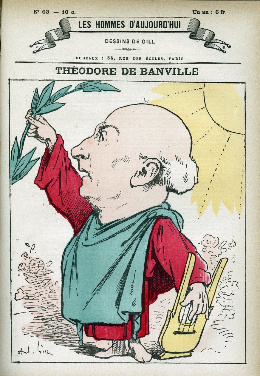 Portræt af Theodore de Banville (1823-1891), en fransk digter, og en af lederne af den parnassianske skole. Tegnefilm af Gill, Paris. af Andre Gill