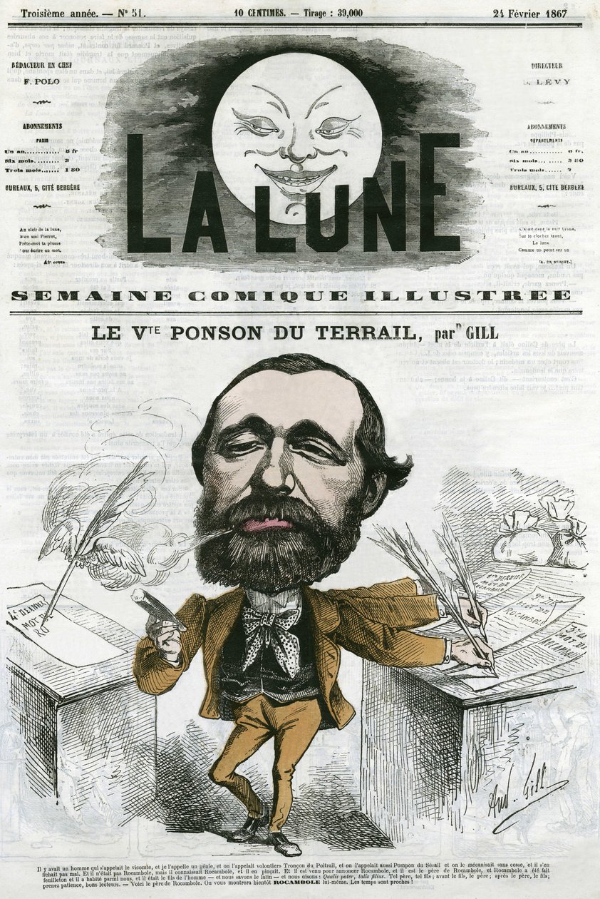 Portræt af Viconte Ponson du Terrail (1829-1871), fransk populær forfatter, forfatter til en roman-sæbeopera. Tegnefilm af Gill, i "Månen", 24. februar af Andre Gill