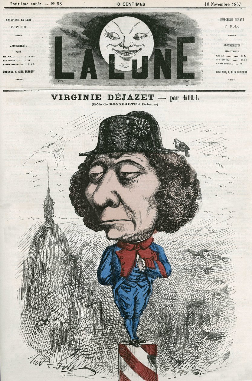 Portræt af Virginie Dejazet (1798-1875), fransk skuespillerinde i rollen som Bonaparte. Tegnefilm af Gill, i "La Lune", 10. november af Andre Gill