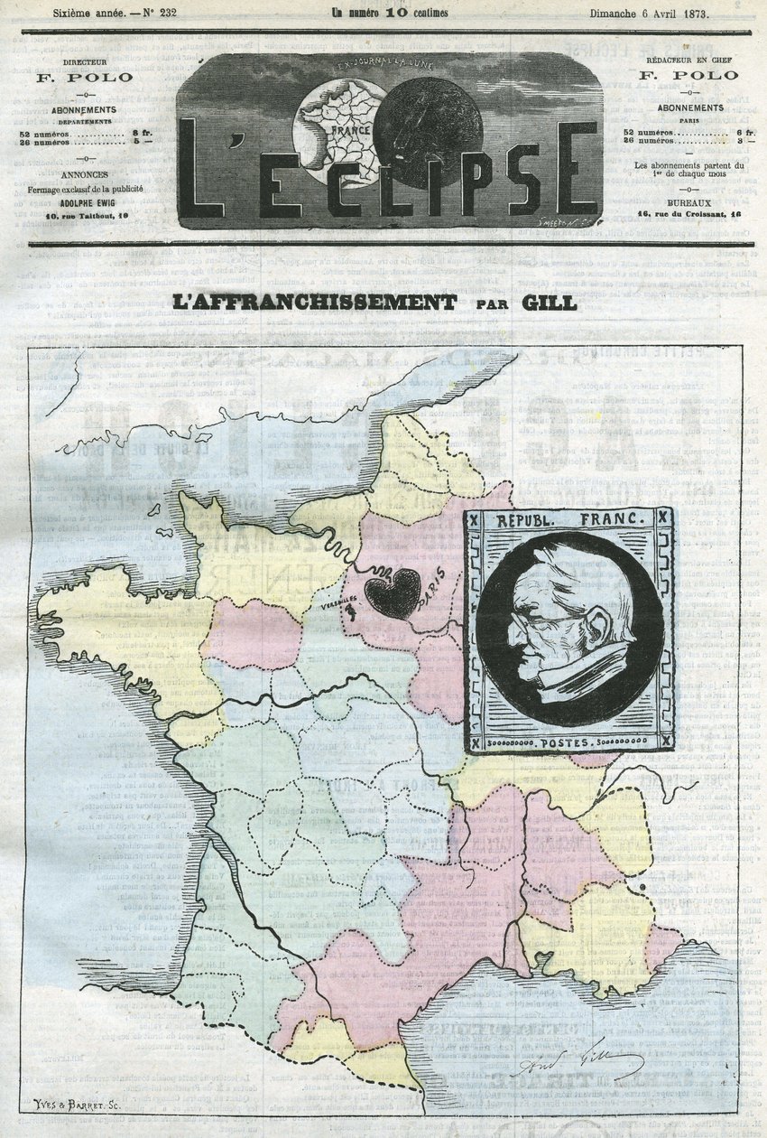 Porto, kort over Frankrig i fire zoner og dets frimærke med profilen af republikkens præsident Adolphe Thiers (1797-1877). Cover i "" L
