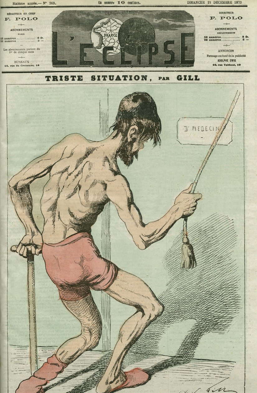 Trist situation, karikatur af en syg person, der leder efter "en god forfatning". Cover i "" L