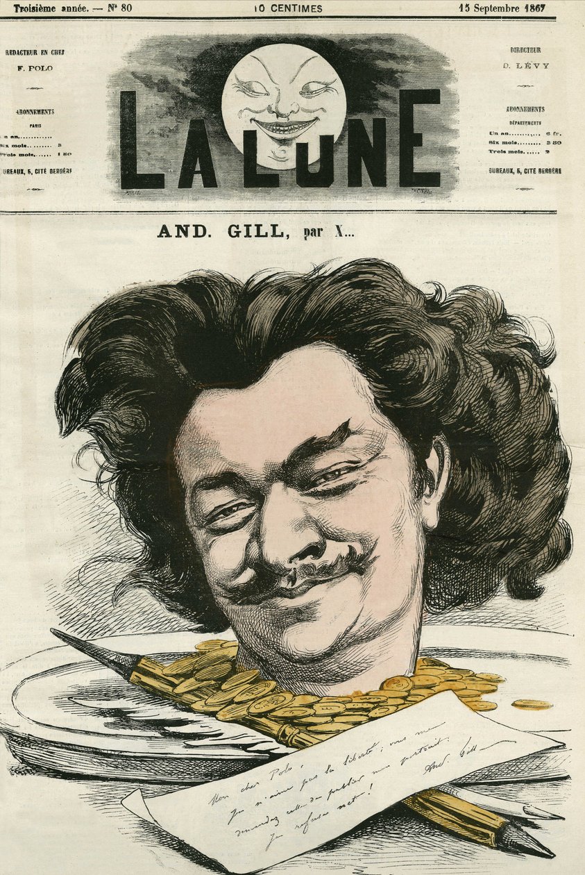 Selvportræt af Louis-Alexandre Gosset de Guines dit Andre Gill (1840-1885), fransk tegneserieskaber og tegner. Tegnefilm af Gill, i "Månen", 15. september af Andre Gill