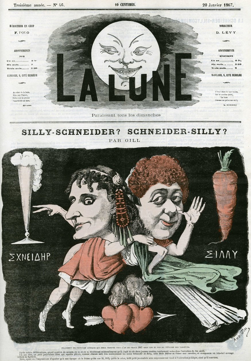Dumme-Schneider? Scheiner-Silly? , karikatur af et fragment af gammelt maleri. Tegnefilm af Gill, i "La Lune", 20. januar af Andre Gill