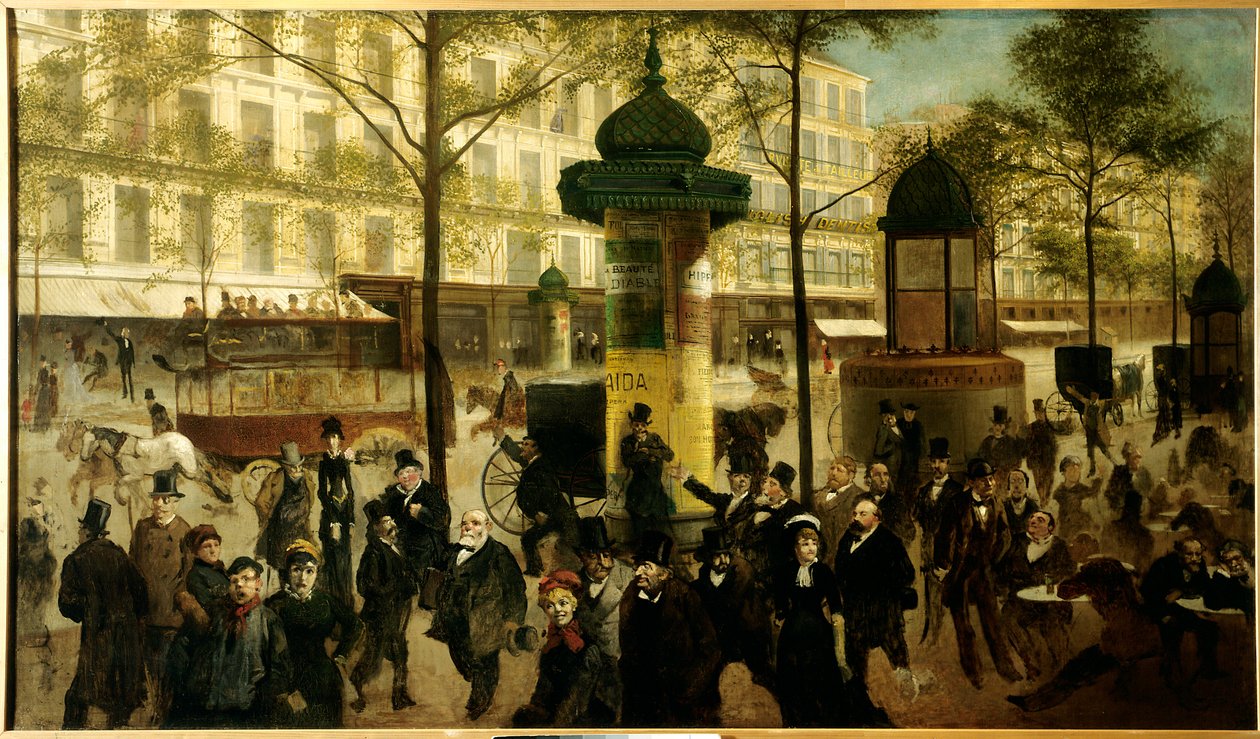 Skitse til et panorama af Boulevard Montmartre animerer moderne parisiske personligheder af Andre Gill
