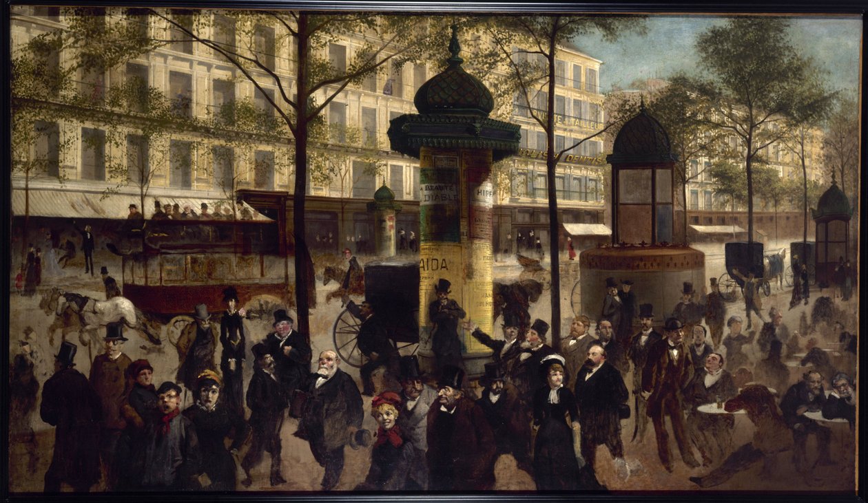 Skitse til et panorama af Boulevard Montmartre med samtidige parisiske personligheder, ca. 1880 (olie på lærred) af Andre Gill