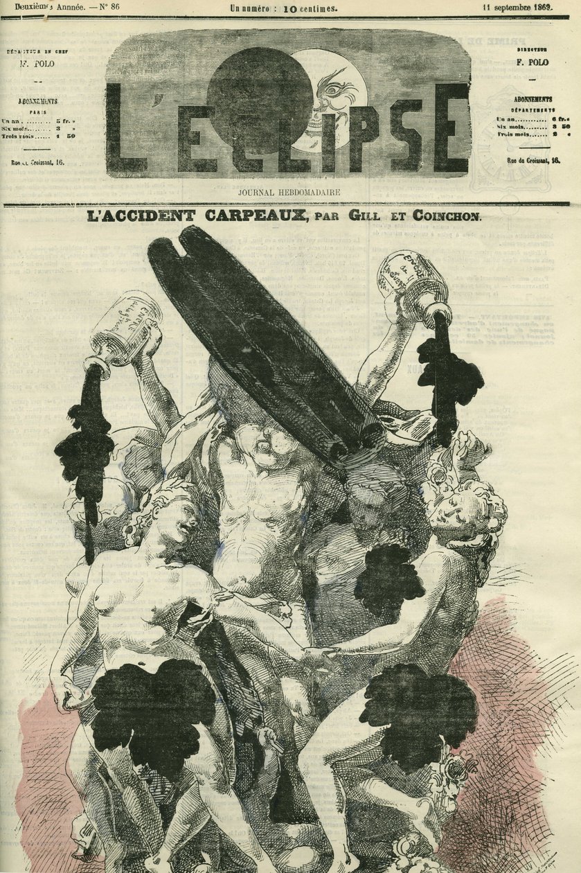 Carpeaux-ulykken, illustration af "" La Danse"" af Jean-Baptiste (Jean Baptiste) Carpeaux, en skulptur til Opera Garnier, som blev stærkt kritiseret til det punkt, at en flaske blæk blev kastet på den. Cover i "" L