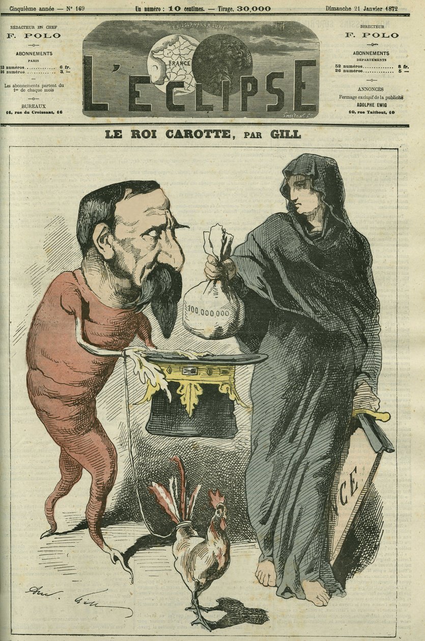 Gulerodskongen, Napoleon III (1808-1873), republikkens præsident og franskmændenes kejser indtil Sedans nederlag i 1870. Omslag i "" L