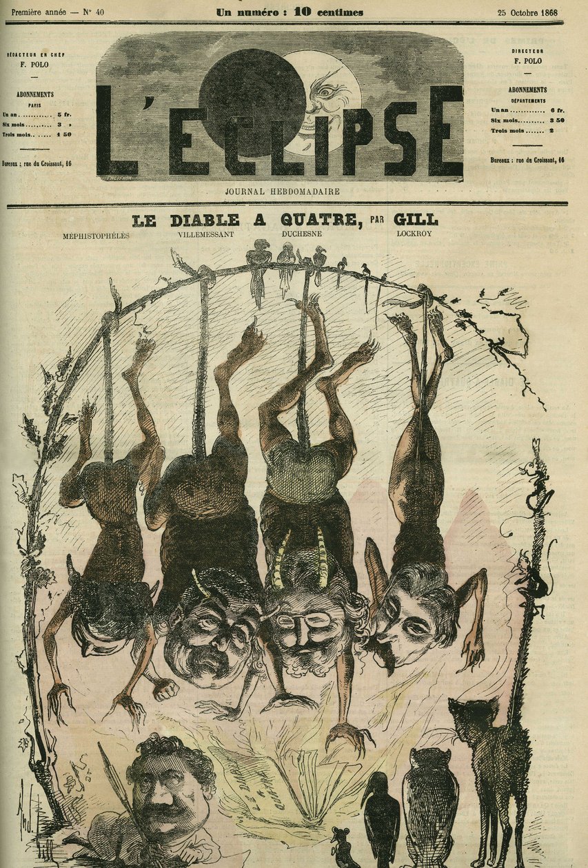 Djævelen har fire politiske pjecer, der er redesignet af Mephistopheles (Mephisto) alias Wolff, Villemessant, Duchesne, Lockroy og hans tegneserieskaber Benassit. Cover i "" L