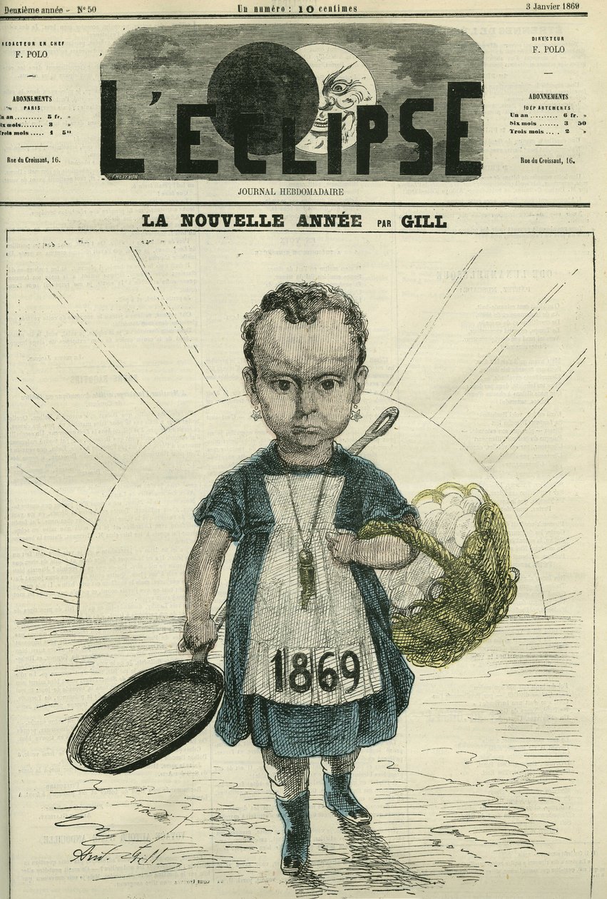 Det nye år, illustration af en lille pige, der holder et komfur og en kurv med æg. Cover i "" L